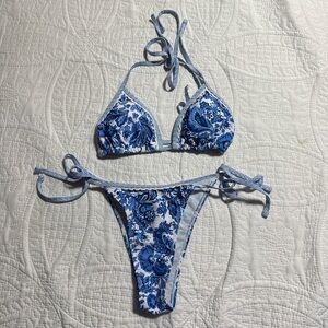 Blue and White Paisley Bikini Set